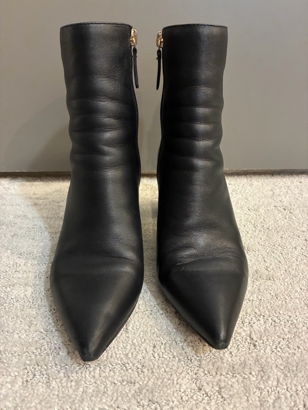 J. Crew Black Pointed Toe Leather Ankle Booties with Gold Zipper